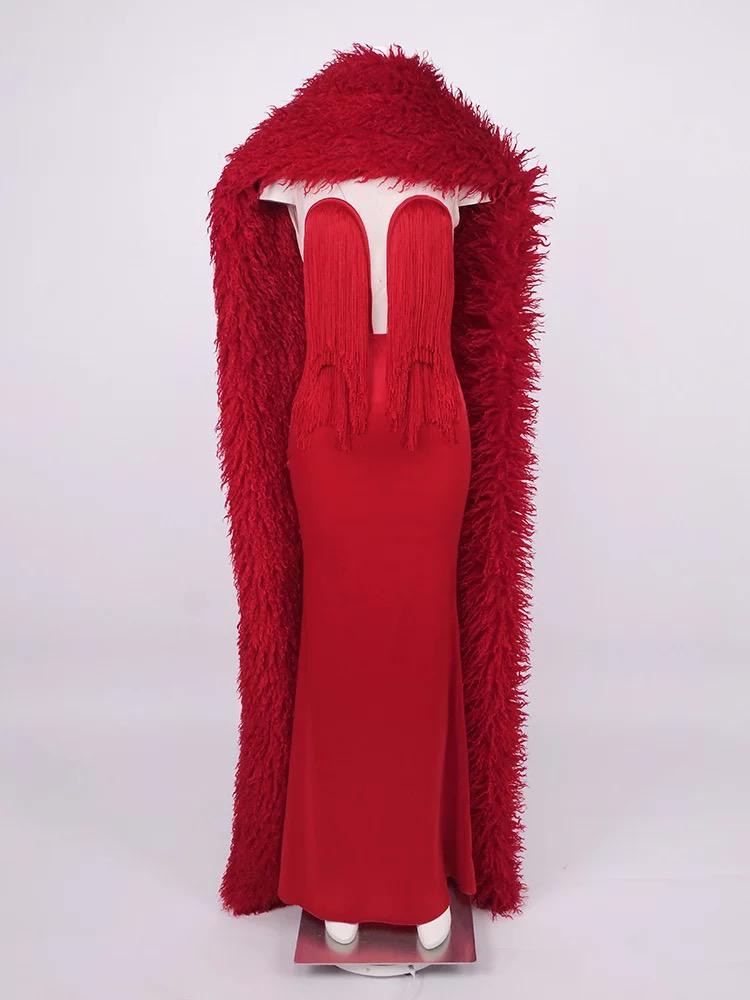 Crimson Goddess Fringe-Sculpted Gala Gown with Faux-Fur Royal Cape