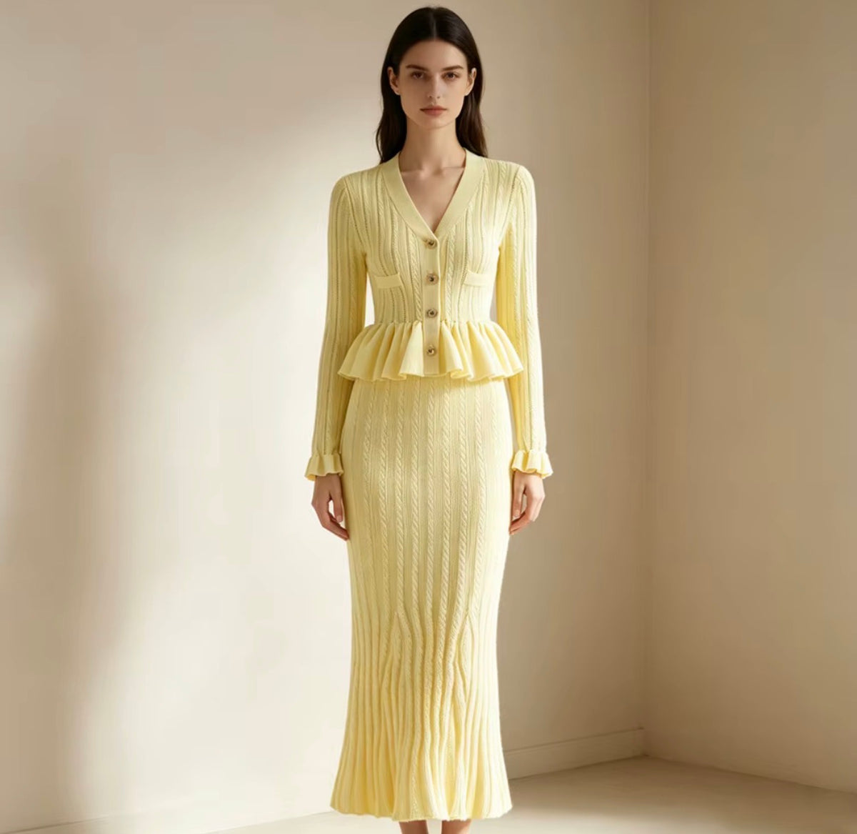 Peplum Button Knit Maxi Dress