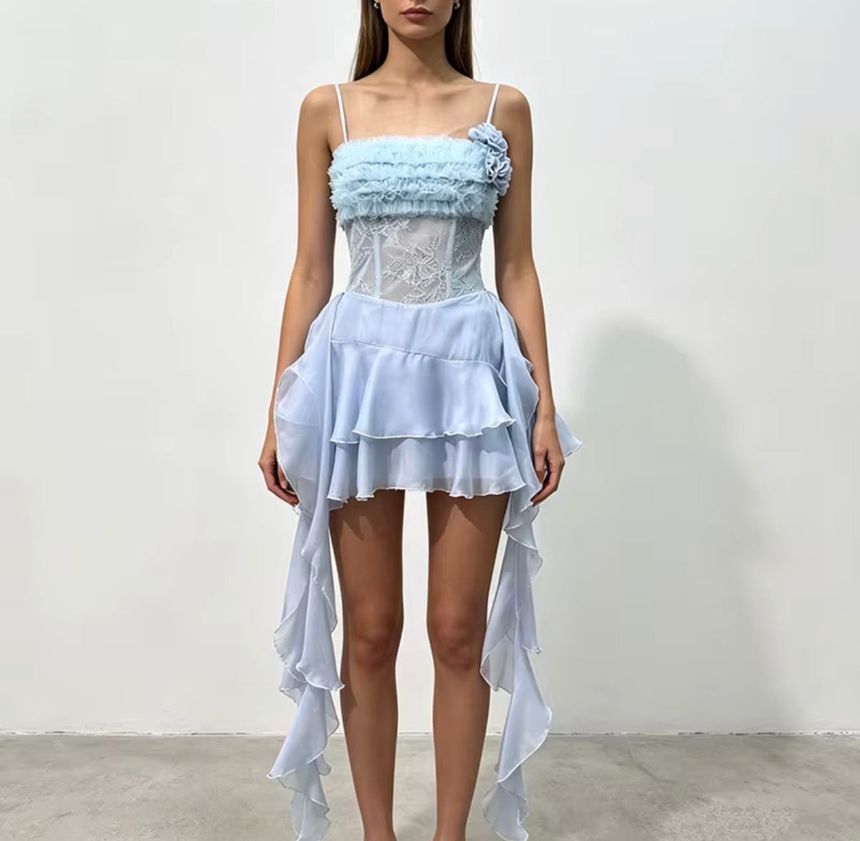 Rosette Lace Ruffle Mini Dress