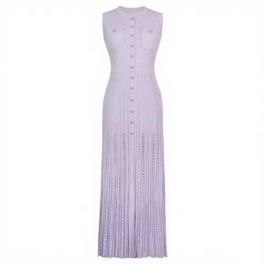 Longline Dress with Intricate Lace Panels and Decorative Buttons