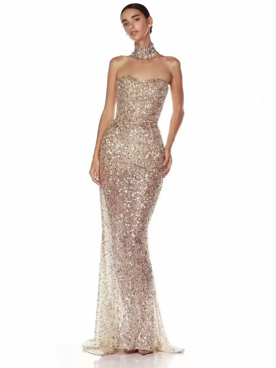 Champagne Sequin Strapless Maxi Dress