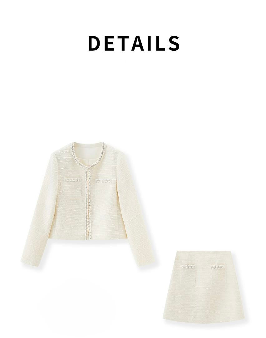 Crystal-Trim Cream Tweed Blazer & Mini Skirt Set