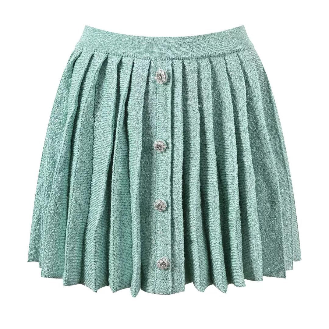 Mint Crystal-Trim Tweed Skirt Set