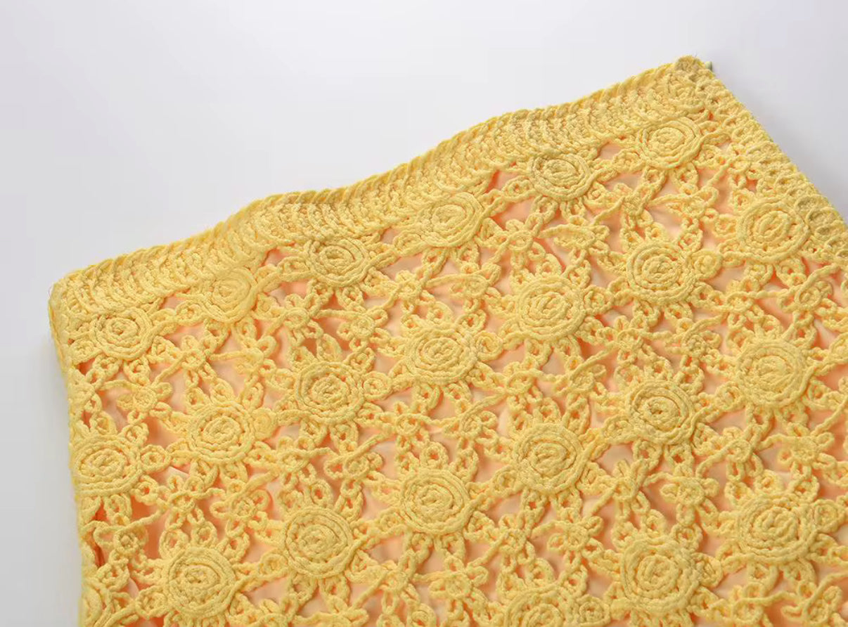 Golden Yellow Crochet Crop & Midi Skirt Set