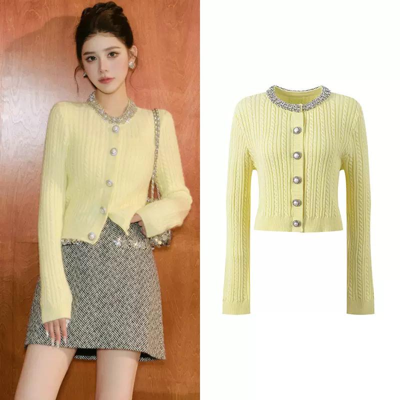 Embellished Cable Knit Cardigan with Crystal Collar in Soft Yellow