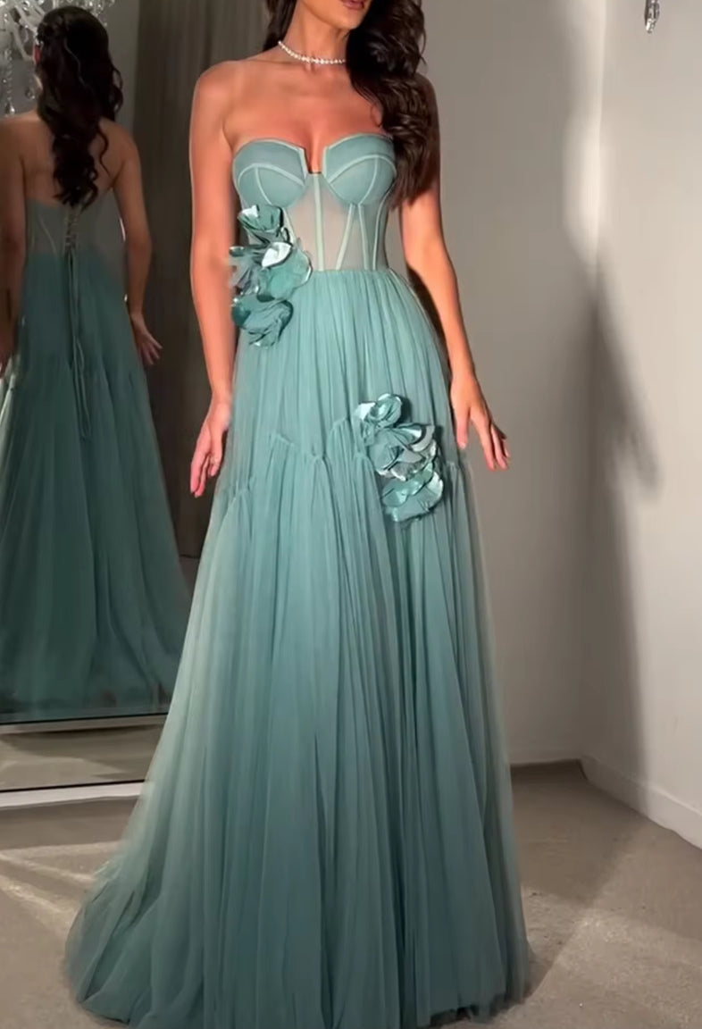 Ocean Blue Corset Dress with Flower Details