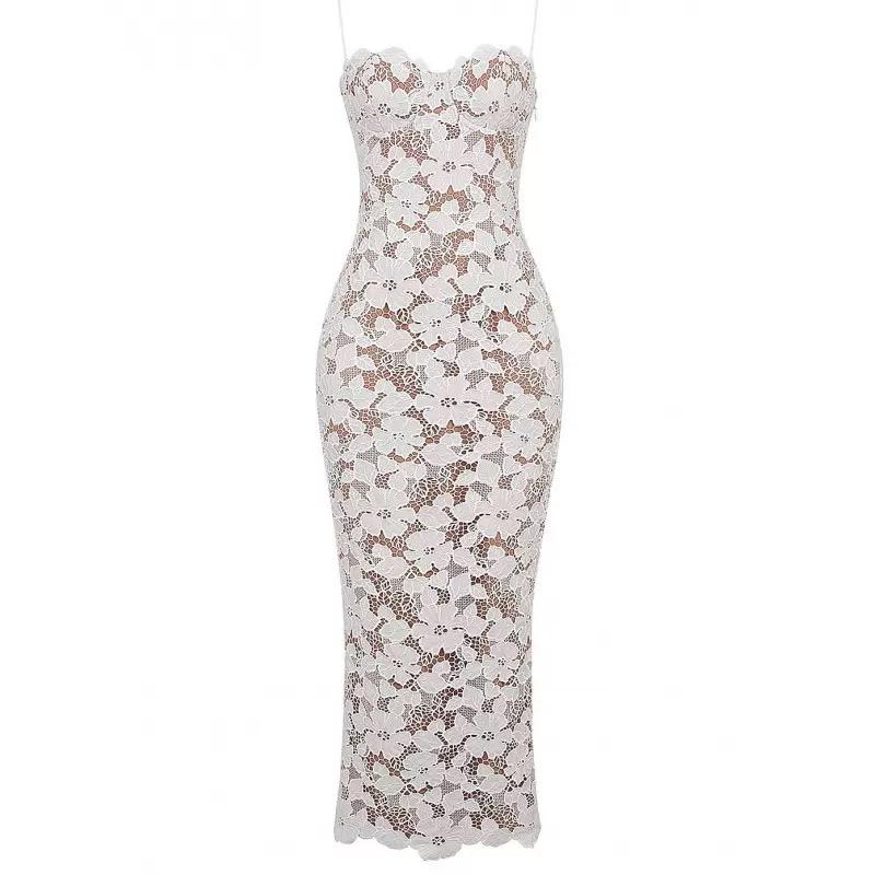 White Floral Lace Strapless Maxi Dress with Scalloped Neckline