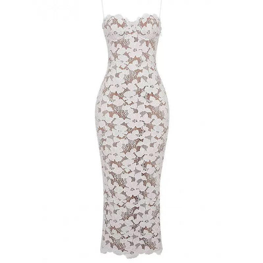 White Floral Lace Strapless Maxi Dress with Scalloped Neckline