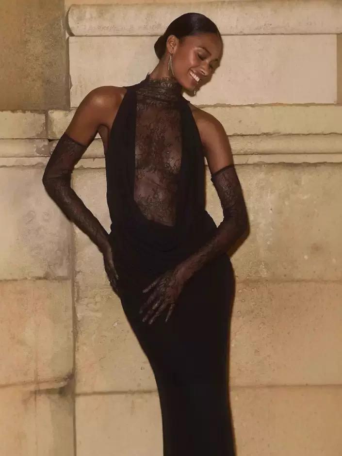 Lace Illusion Draped Halter Gown with Matching Gloves