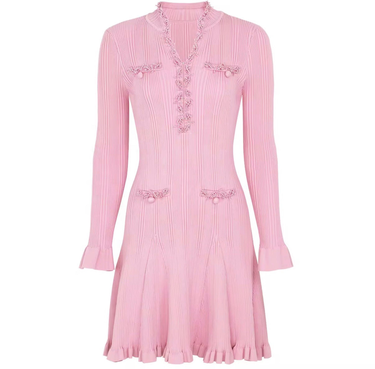 Pearl Embellished Ribbed Knit Mini Dress
