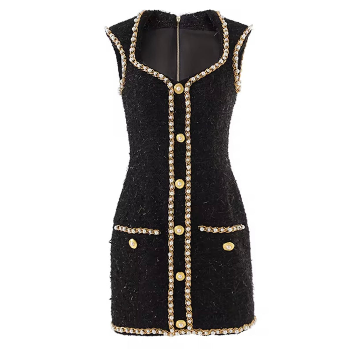 Chain Trim Tweed Mini Dress