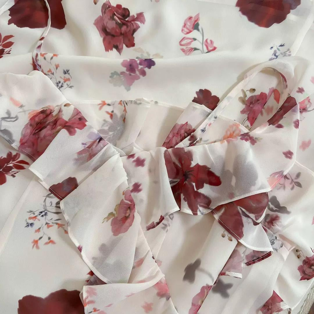 White & Red Floral Ruffle Maxi Dress