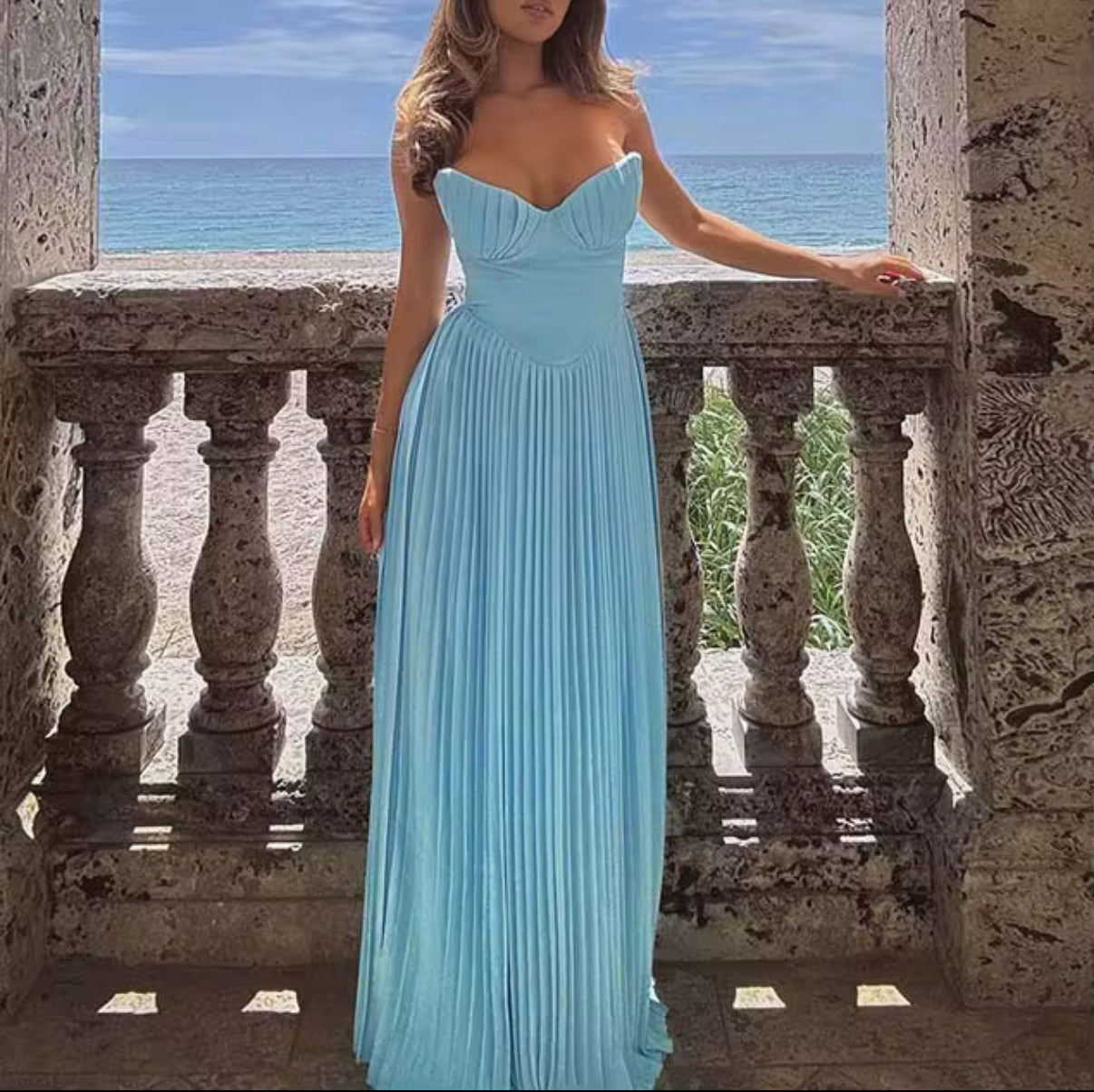 Strapless Baby Blue Pleated Maxi Dress