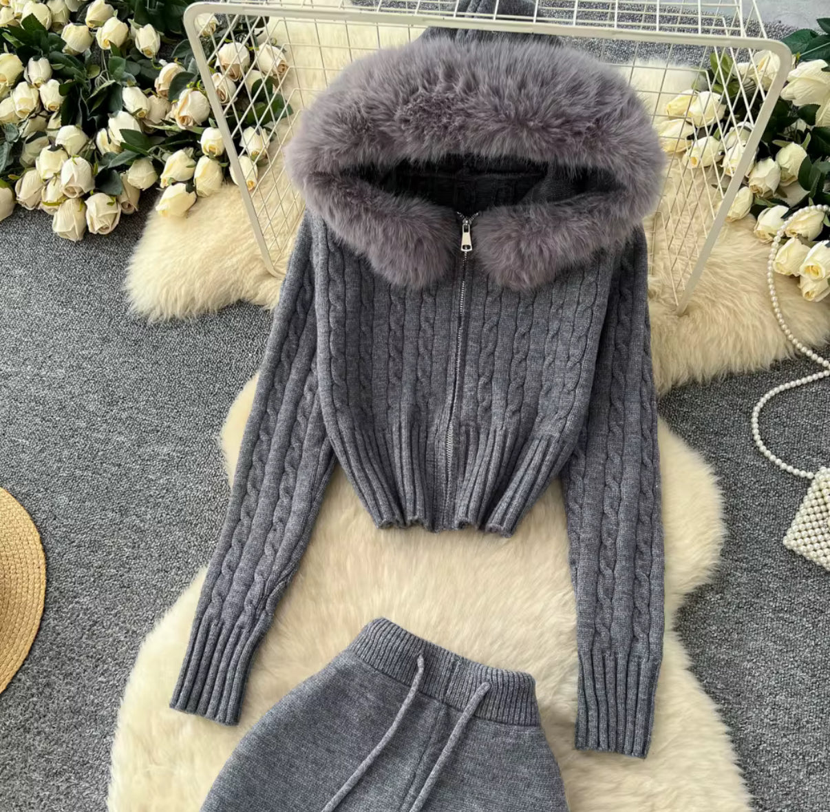 Frost Luxe Fur-Hood Knit Set – Yabaya Boutique