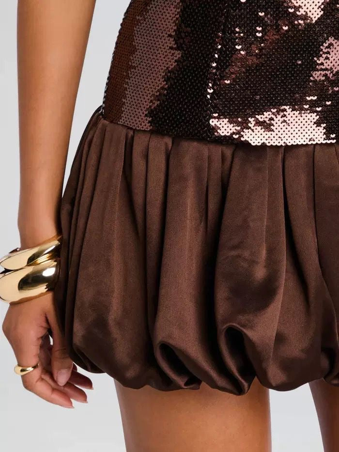 Strapless brown sequin mini dress with bubble hem