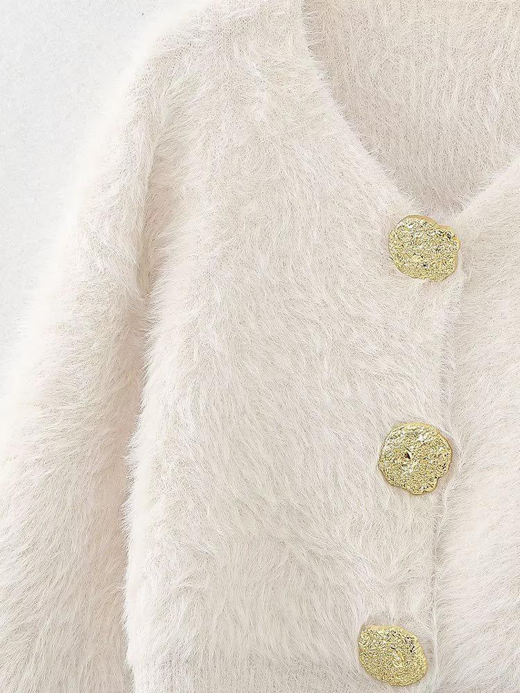 Fuzzy Button Cardigan with Gold Details