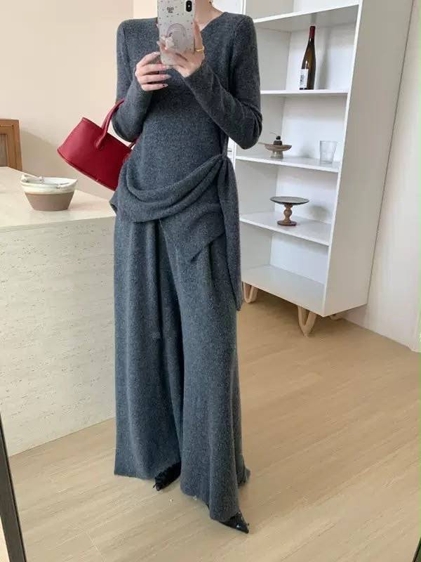 Draped Knit Top & Wide-Leg Pants Set