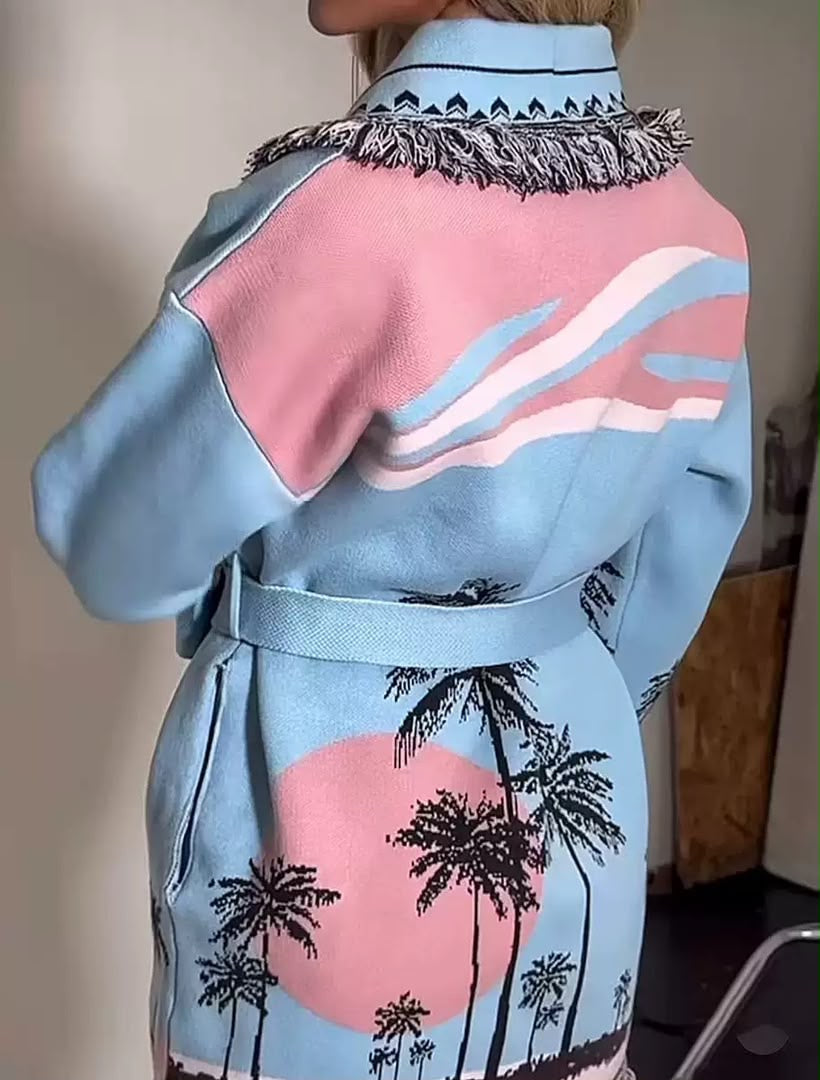 Fringed Palm Print Belted Cardigan