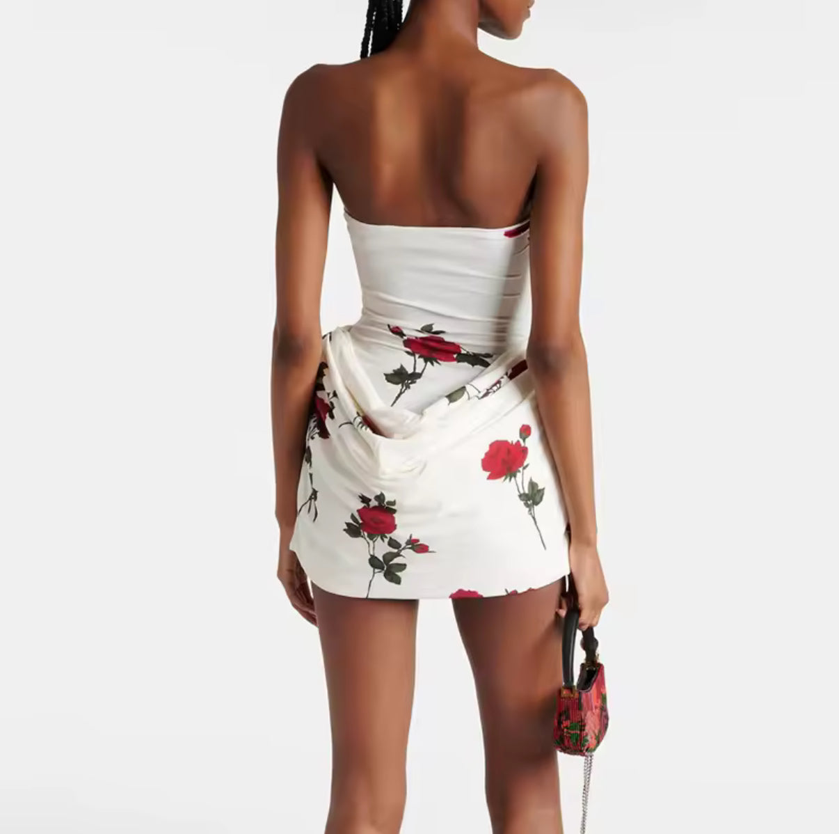 White Strapless Mini Dress with Red Rose Print and Draped Skirt Detail
