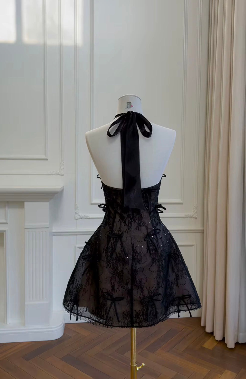Sheer Lace Halter Corset Bow Dress