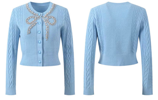 Crystal Bow Cable-Knit Cardigan