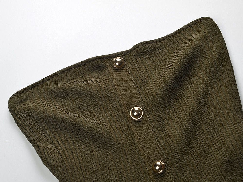 Strapless Pleated Maxi Dress with Gold Button Detail & Belt