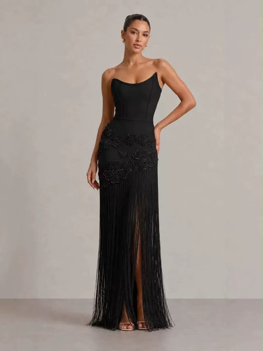 Floral Appliqué Fringe Maxi Dress
