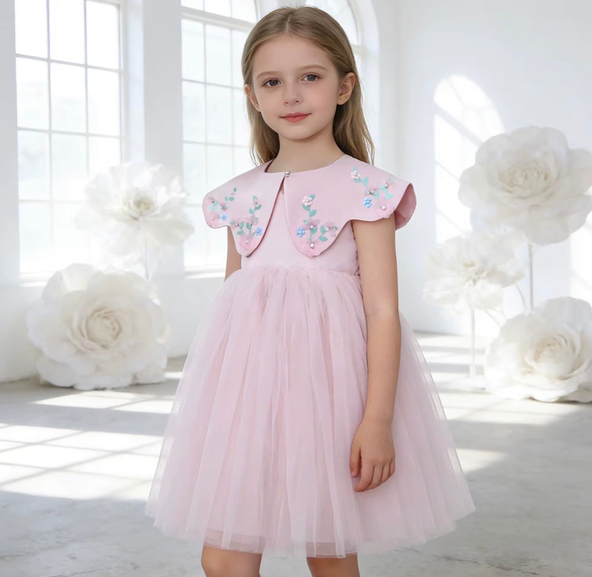 Floral Petal Collar Tulle Dress