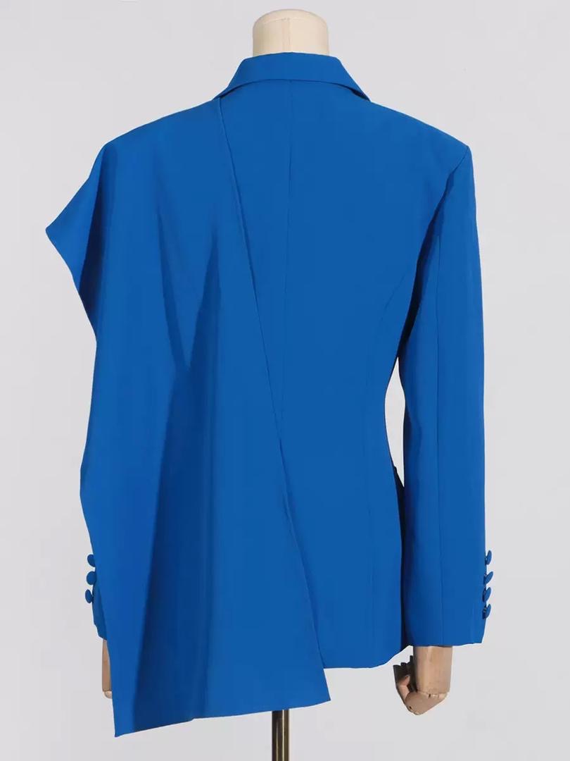 Royal Blue Tailored Blazer with Draped Shoulder Scarf Effect