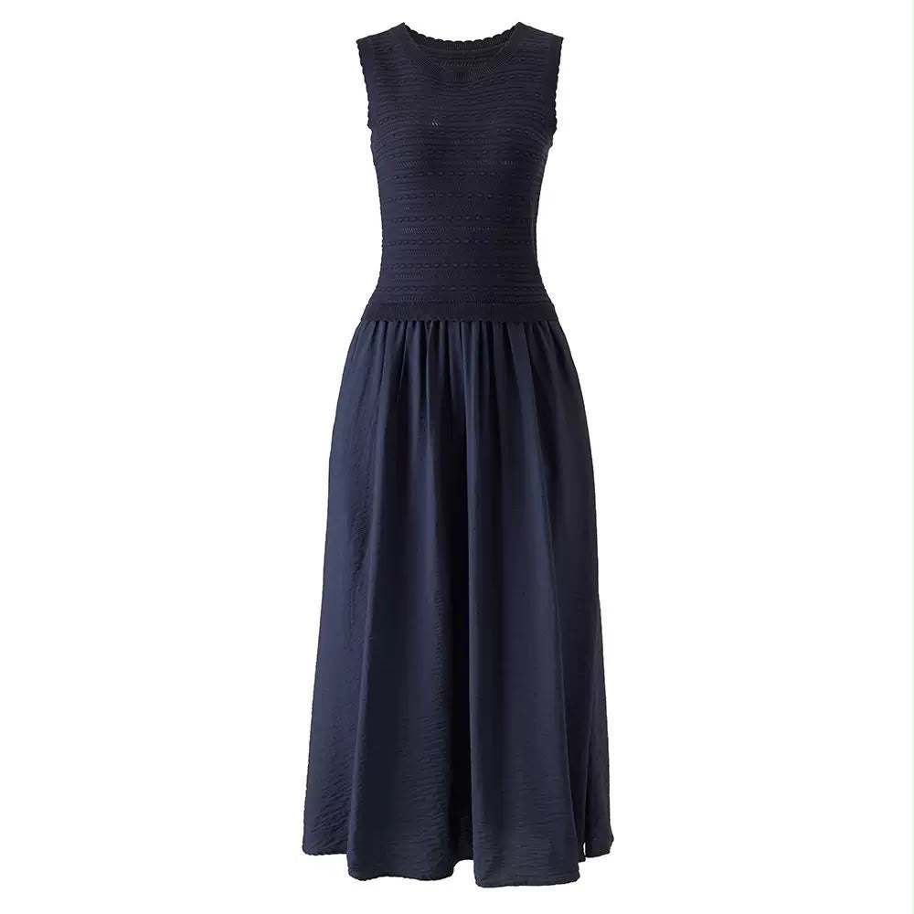 Sleeveless Knit Bodice Flared Maxi Dress