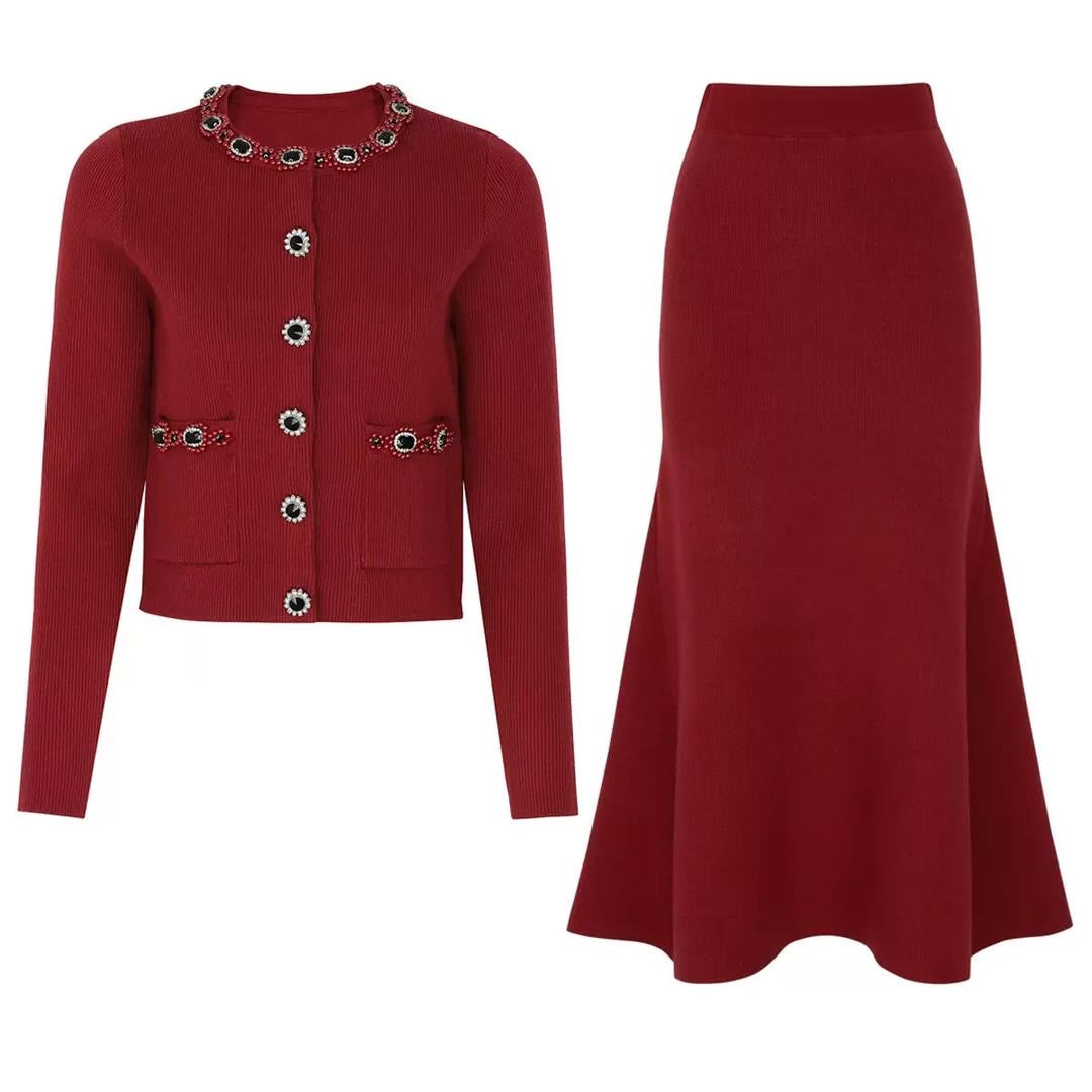 Embellished Knit Cardigan & Flared Midi Skirt Set