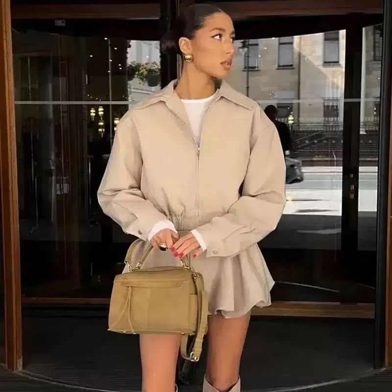 Beige Cropped Zip Jacket & Balloon Shorts Set