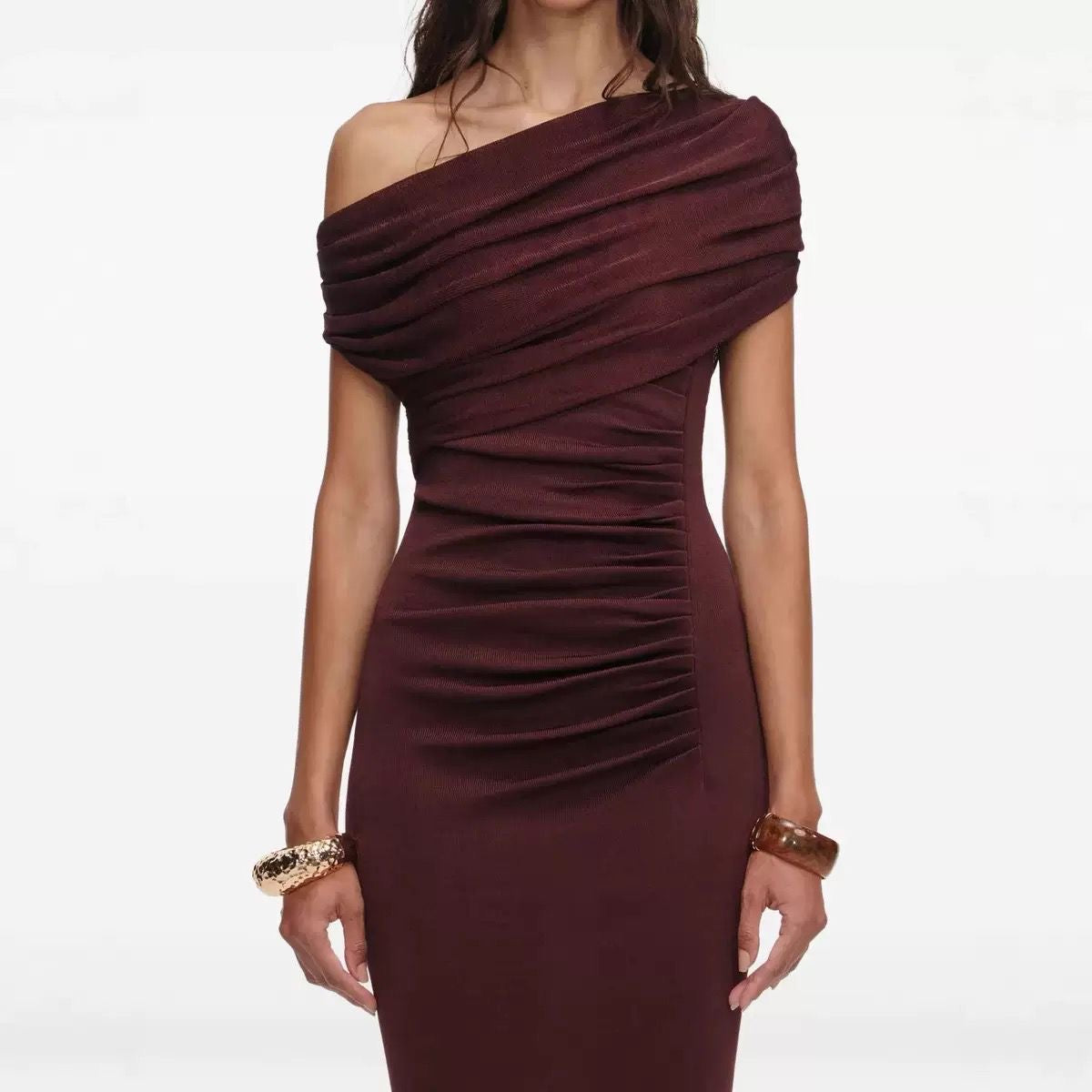 Burgundy Draped One-Shoulder Sculpt Gown