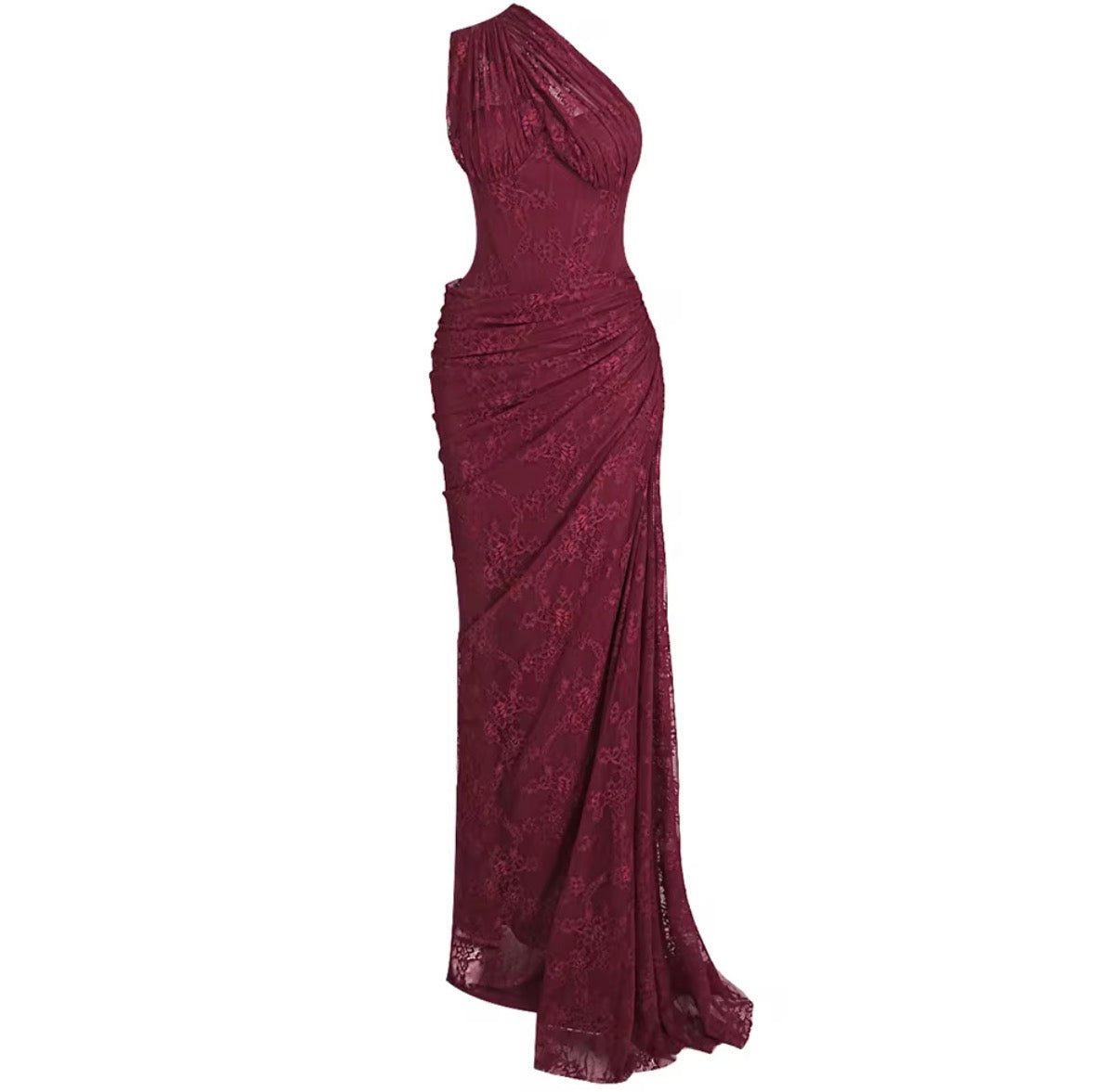 One Shoulder Ruched Lace Maxi Dress