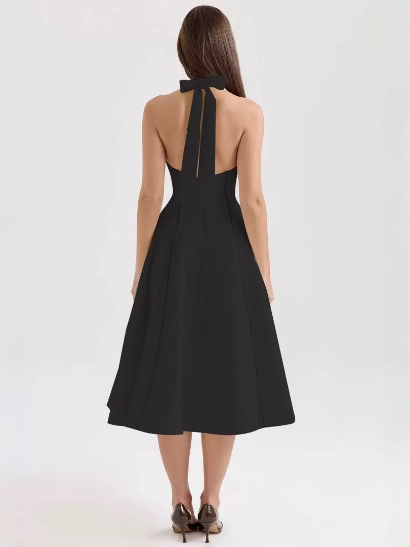 Black Halter A-Line Midi Dress