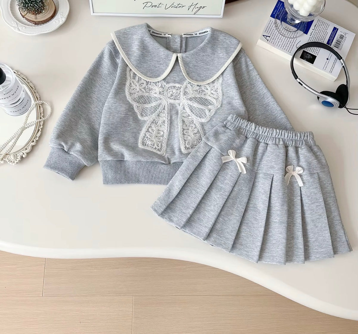 Grey Lace Bow Skirt Set