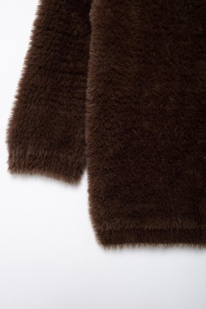 Brown Fuzzy Cardigan with Floral Crystal Buttons