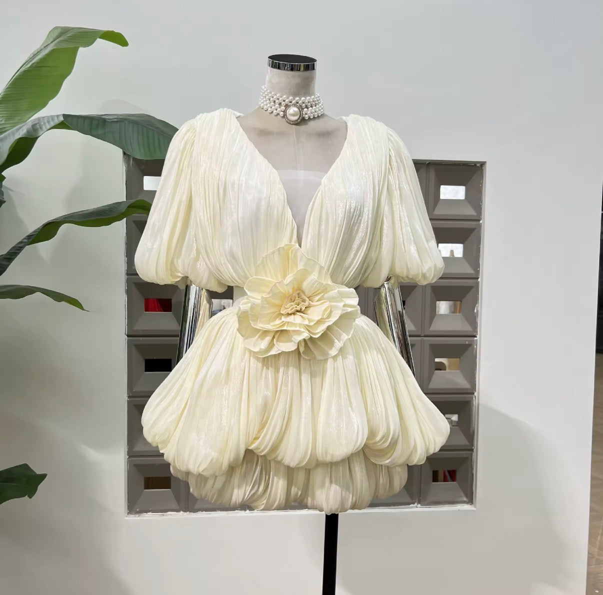 Pleated Puff Sleeve Floral Detail Mini Dress