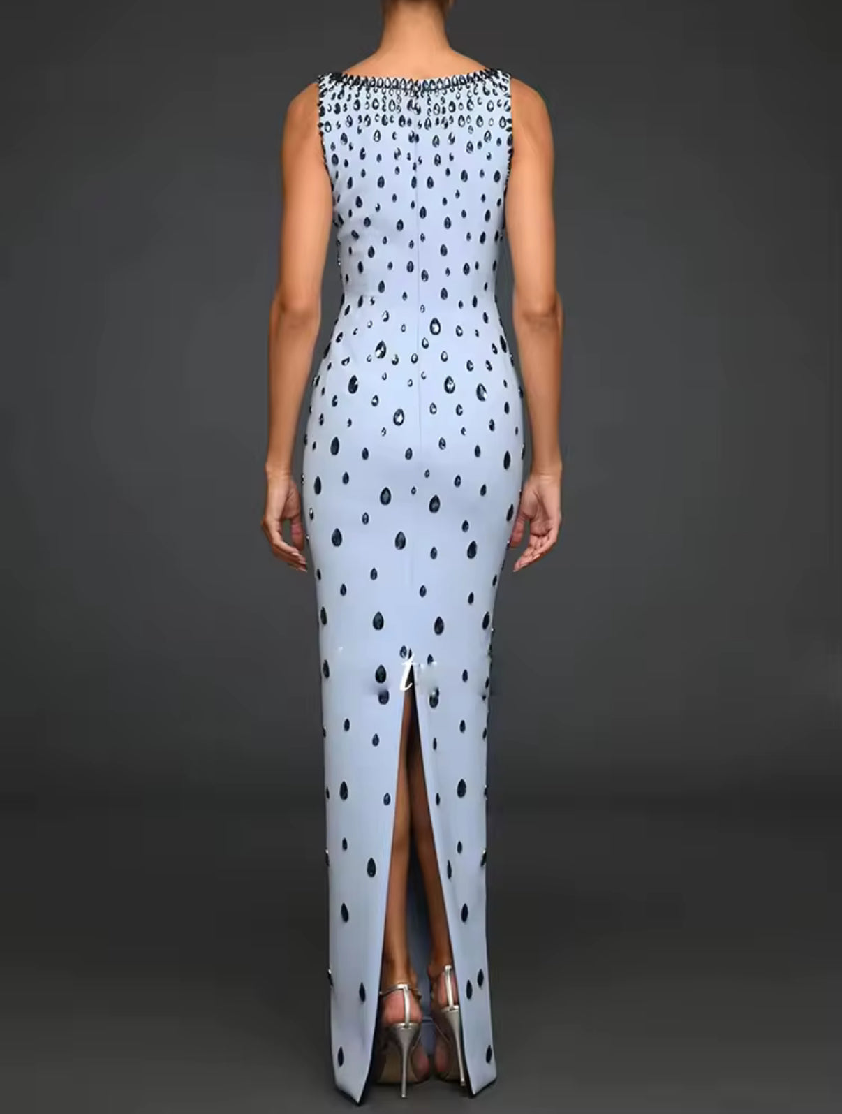 Powder blue teardrop crystal embellished long dress