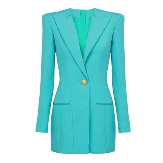 Tailored Blazer Dress with Sharp Shoulders and Single Gold Button