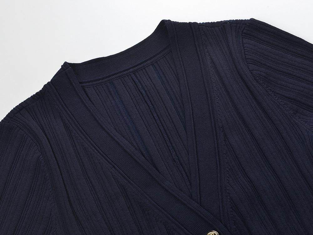 Navy Ribbed Maxi Dress with Gold Buttons and Pleated Cuffs