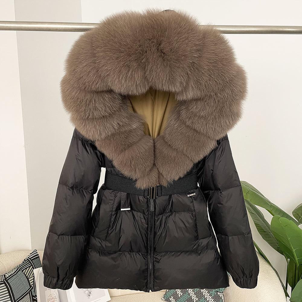 Fur-Collar Belted Puffer Jacket