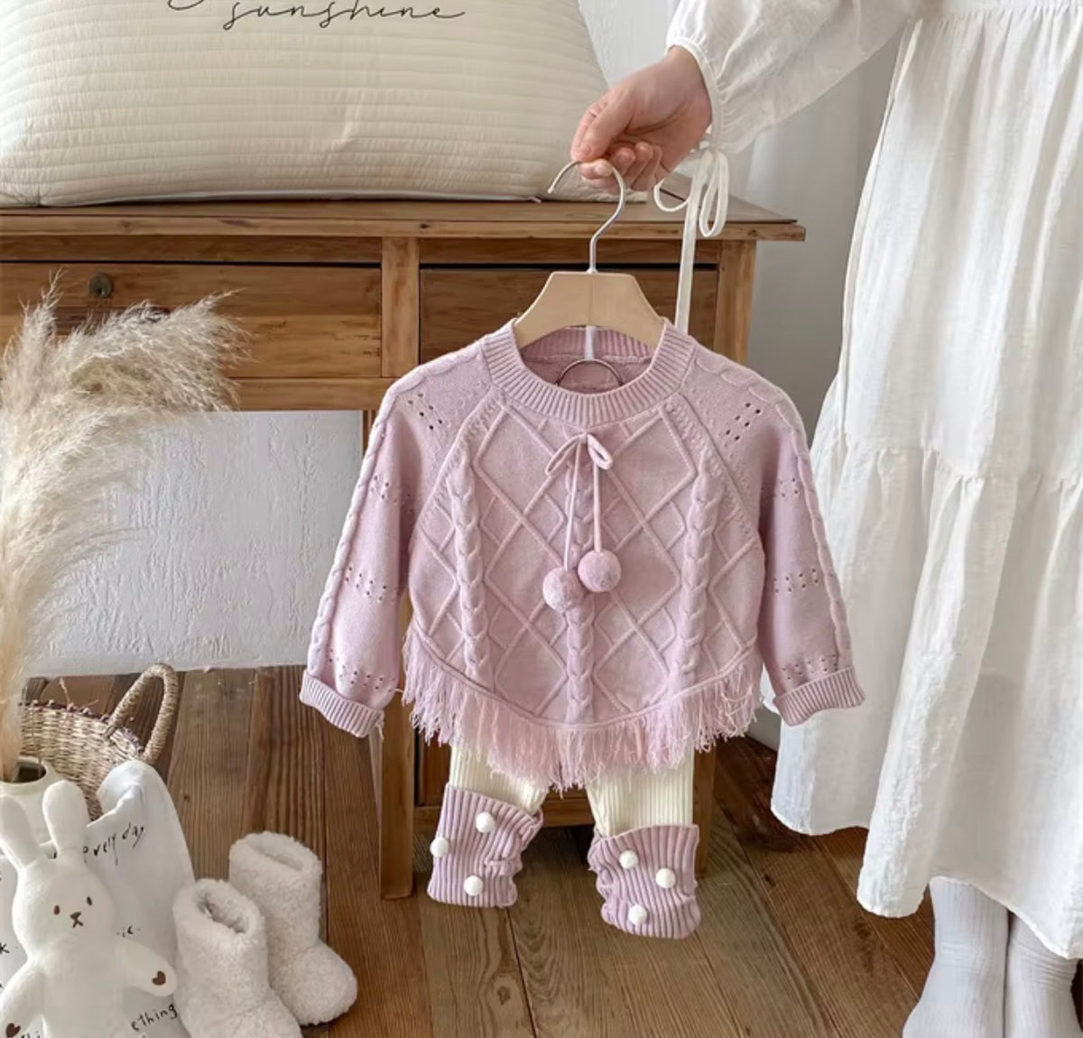 Lilac Pom-Pom Fringe Knit Set