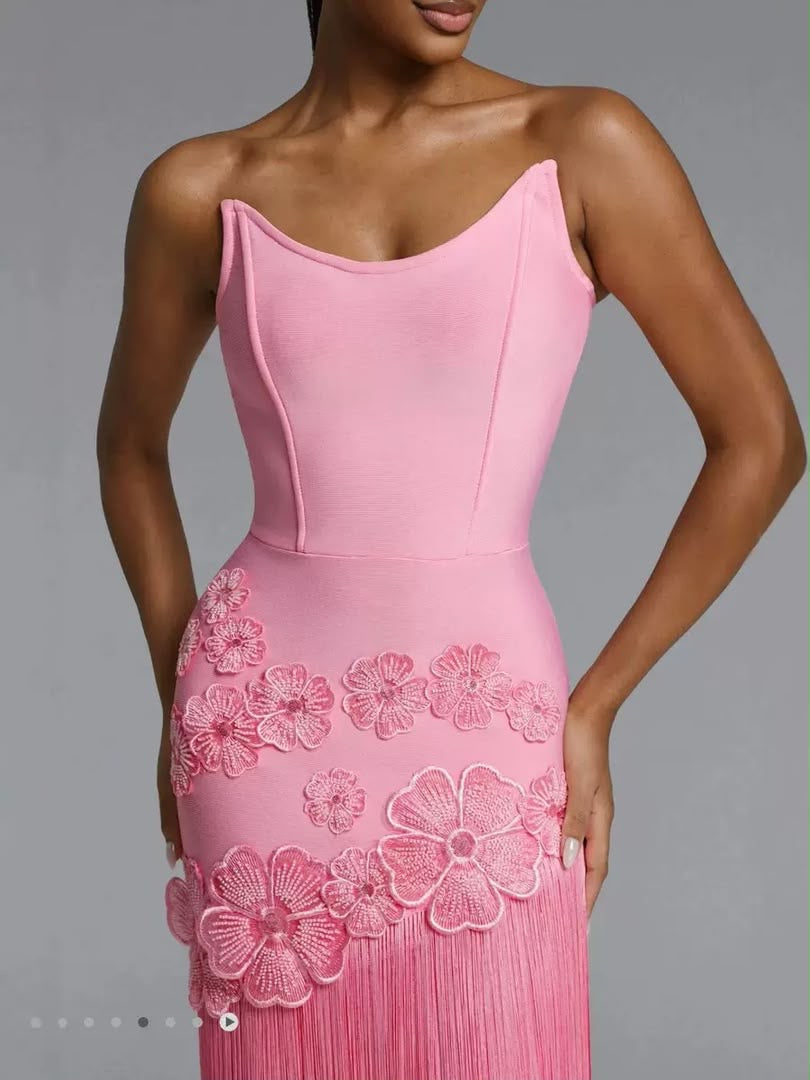 Floral Appliqué Fringe Maxi Dress