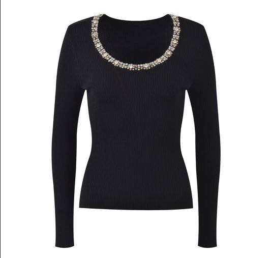 Crystal Neckline Ribbed Knit Top