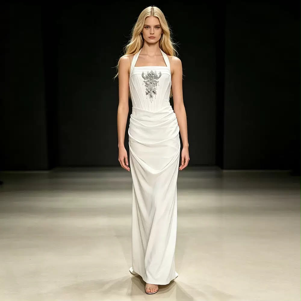 White Embellished Corset Halter Maxi Dress