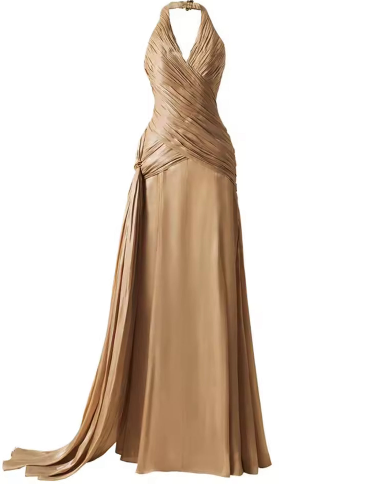 Shimmering metallic maxi dress with cross-halter neckline