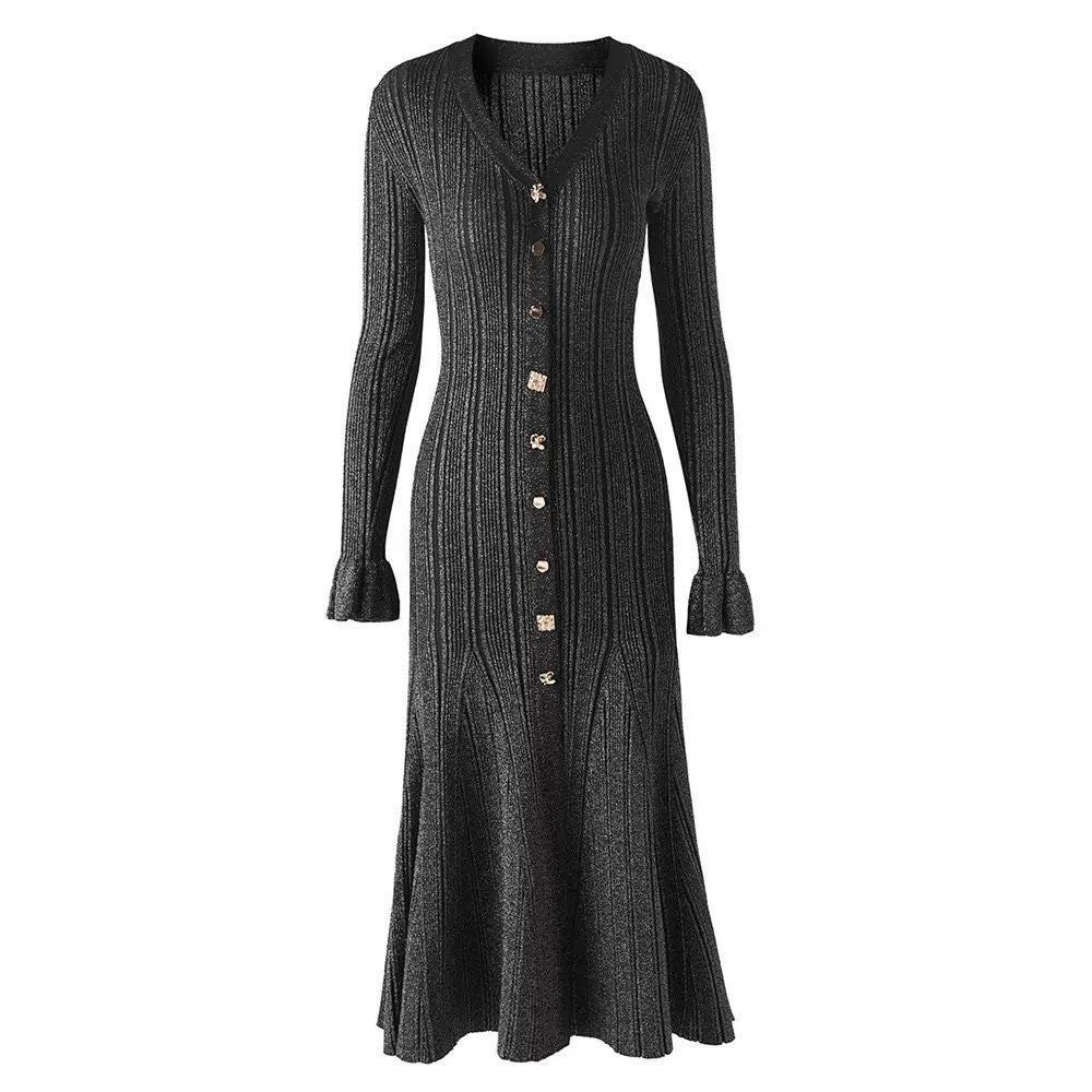 Long-Sleeve Knit Maxi Dress with Gold Buttons