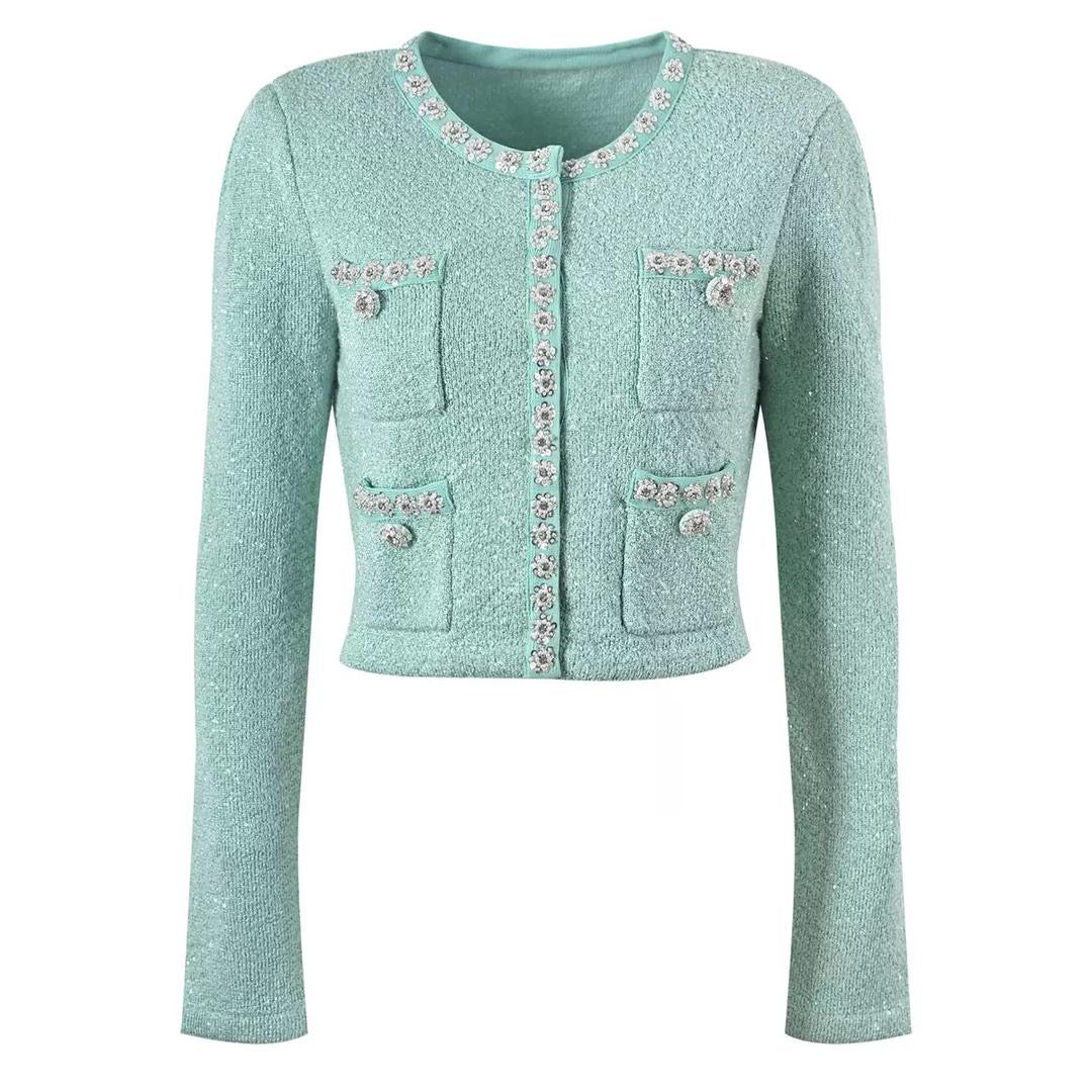 Mint Crystal-Trim Tweed Skirt Set