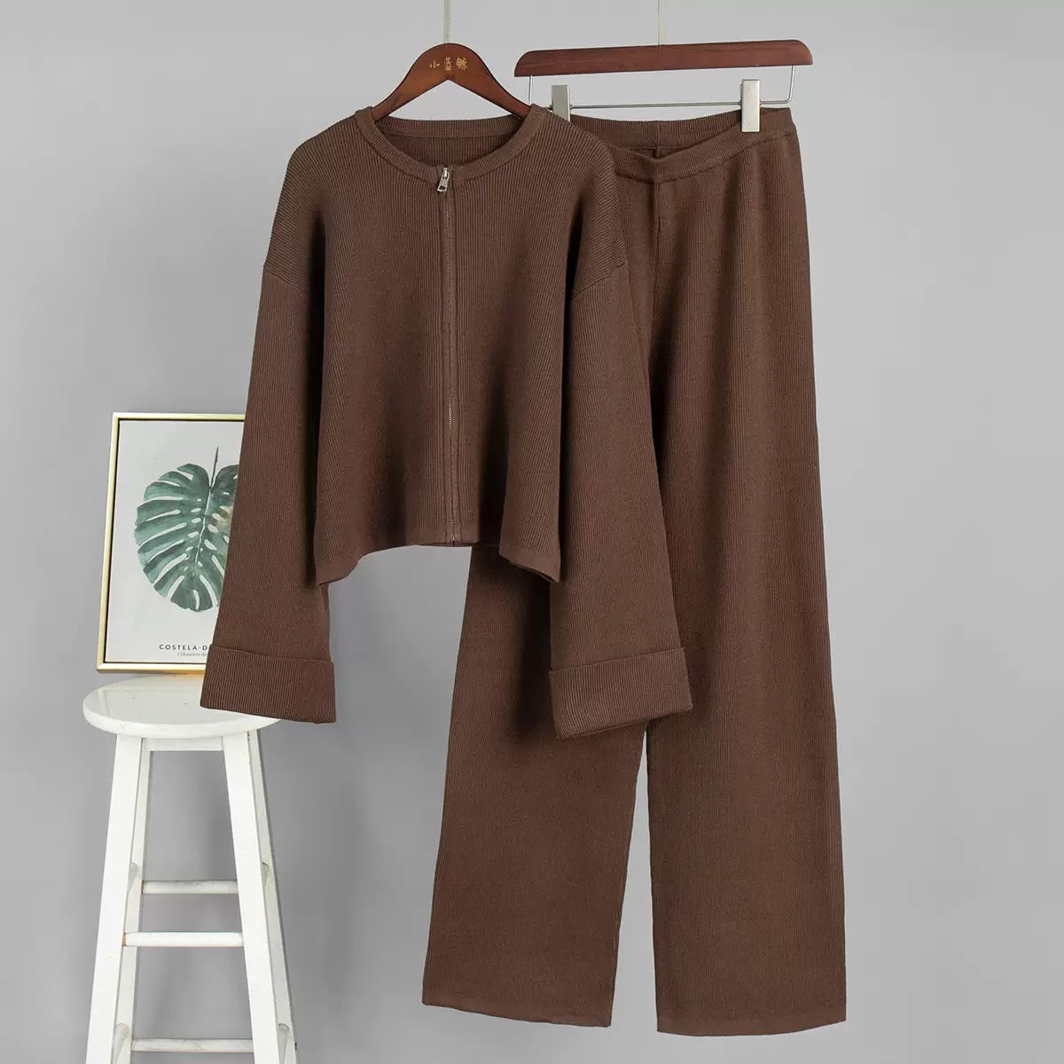 Zip-Up Ribbed Knit Wide-Leg Set.